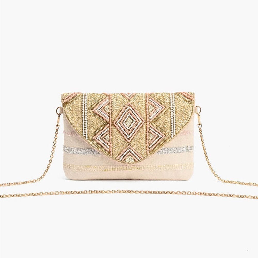NWT AMERICA & BEYOND Rose Gold Envelope Clutch Crossbody Bag Beaded Boho